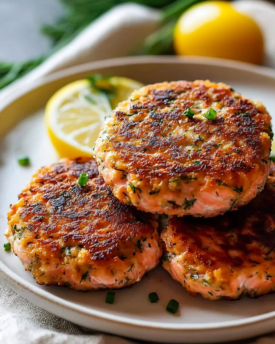Golden brown salmon patties made with canned salmon on a plate.