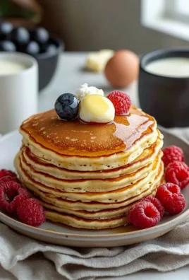 Stack of delicious American pancakes with syrup and berries on a plate