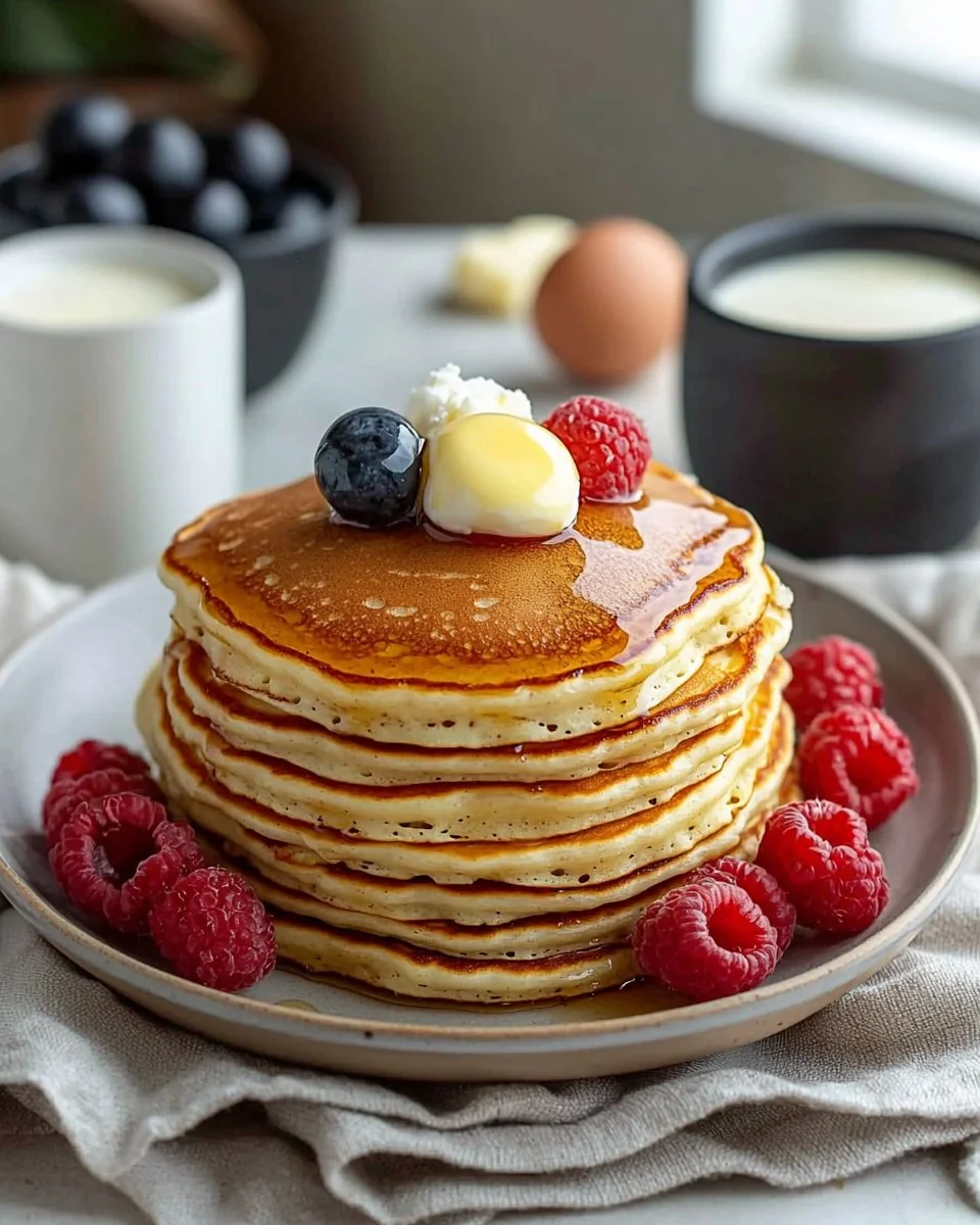 Stack of delicious American pancakes with syrup and berries on a plate