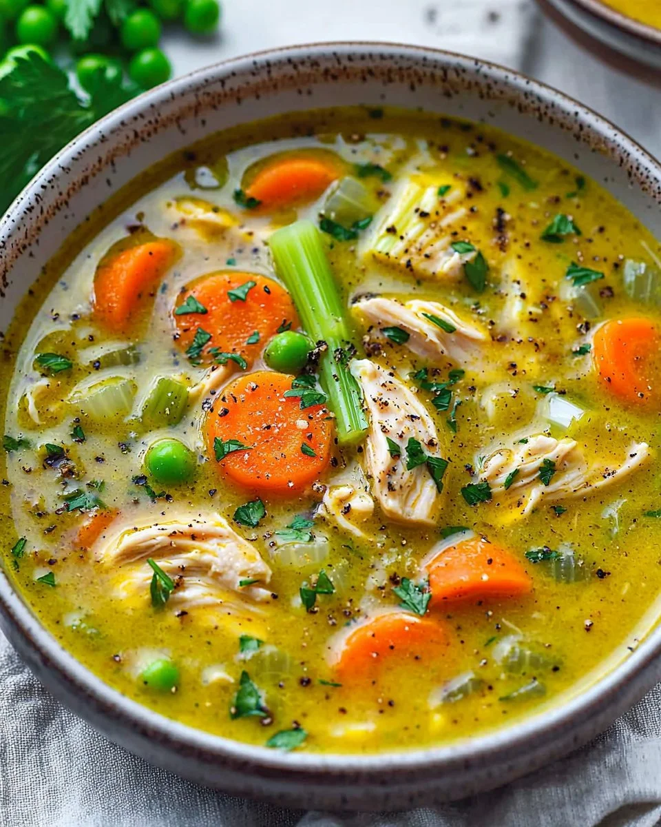 Bowl of anti-inflammatory turmeric chicken soup packed with healthy ingredients.