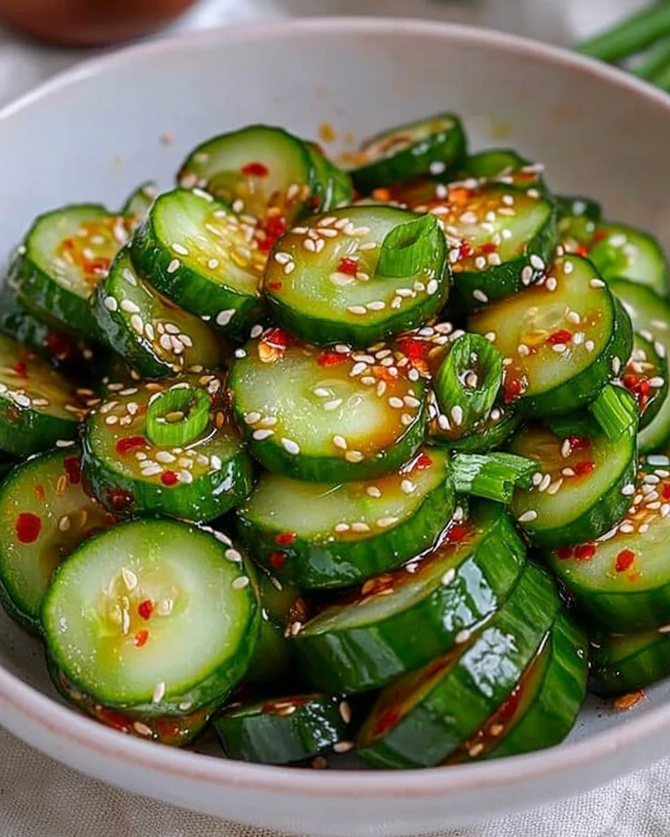 Bowl of Asian Spicy Cucumber Salad with vibrant vegetables and spices