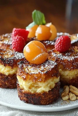 Baked French toast muffins topped with syrup and a sprinkle of powdered sugar.