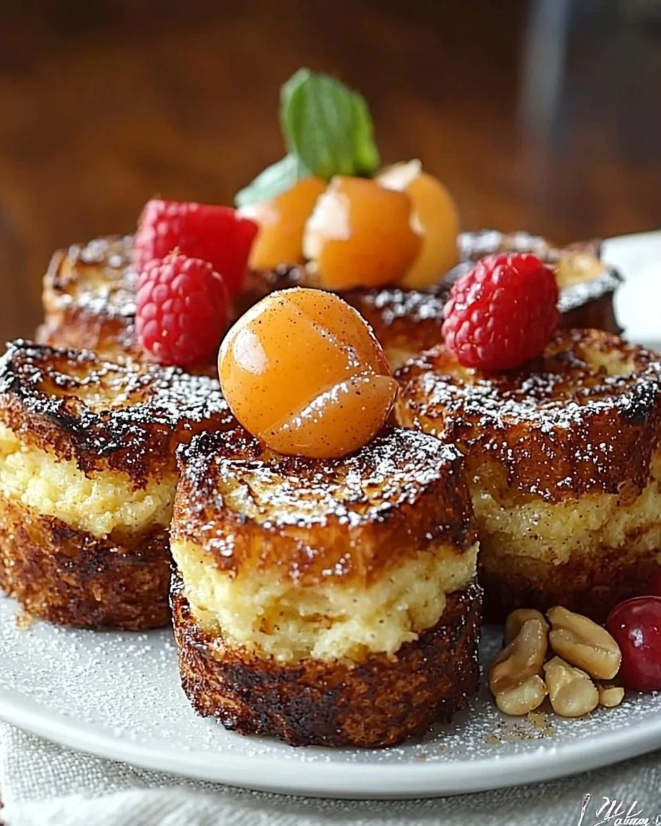 Baked French toast muffins topped with syrup and a sprinkle of powdered sugar.