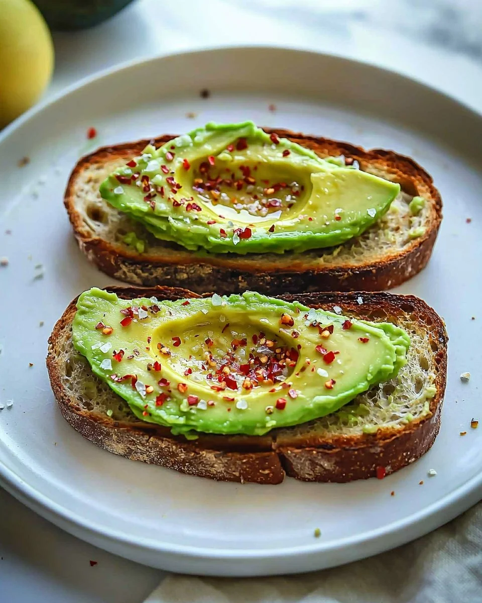 Delicious basic avocado toast topped with ripe avocados on whole grain bread