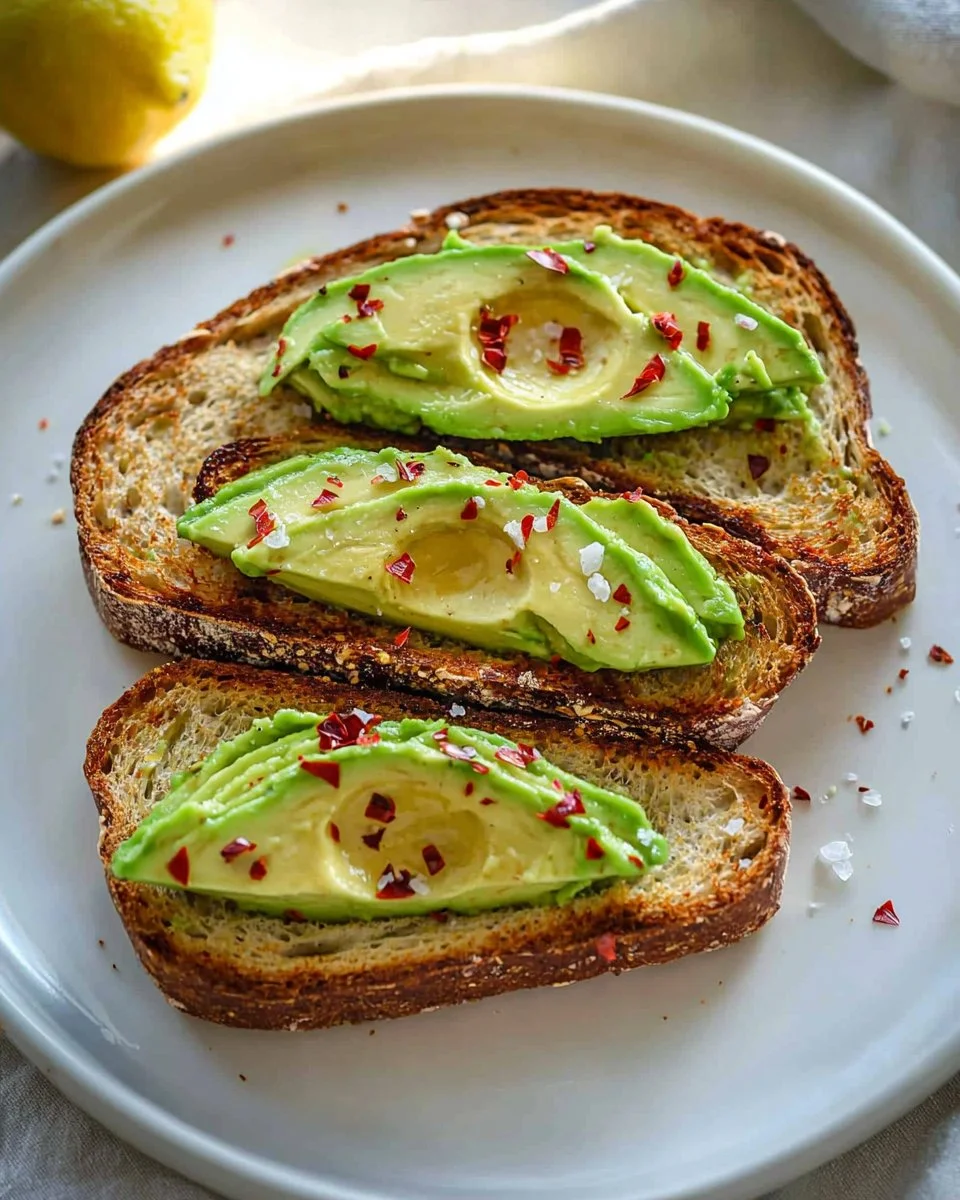 Delicious basic avocado toast topped with seasoning and herbs