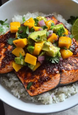 BBQ salmon bowls with mango avocado salsa served in a bowl