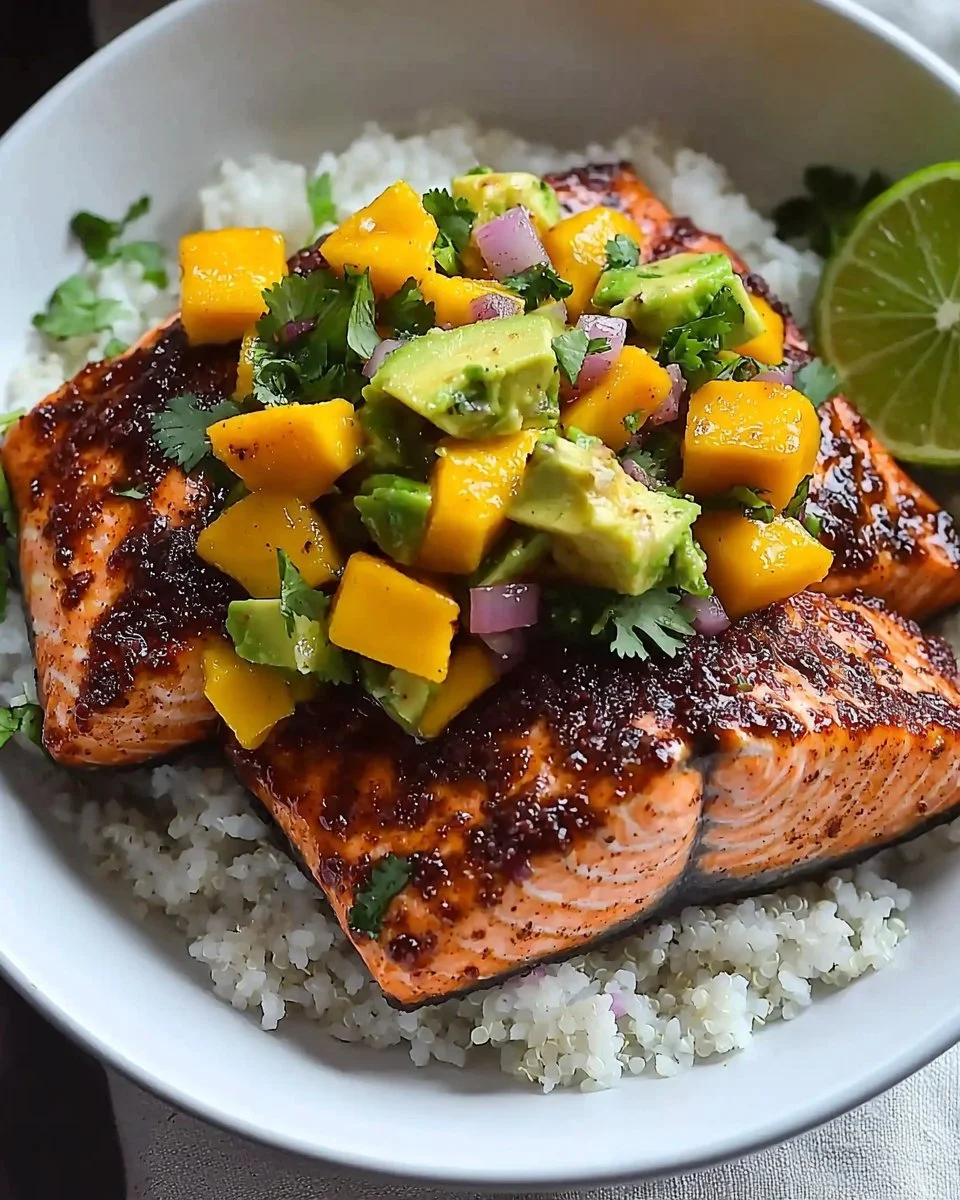 BBQ salmon bowls with mango avocado salsa served in a bowl