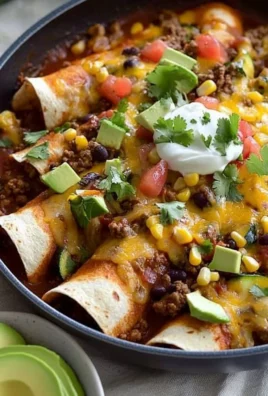 Delicious beef skillet enchiladas topped with cheese and salsa