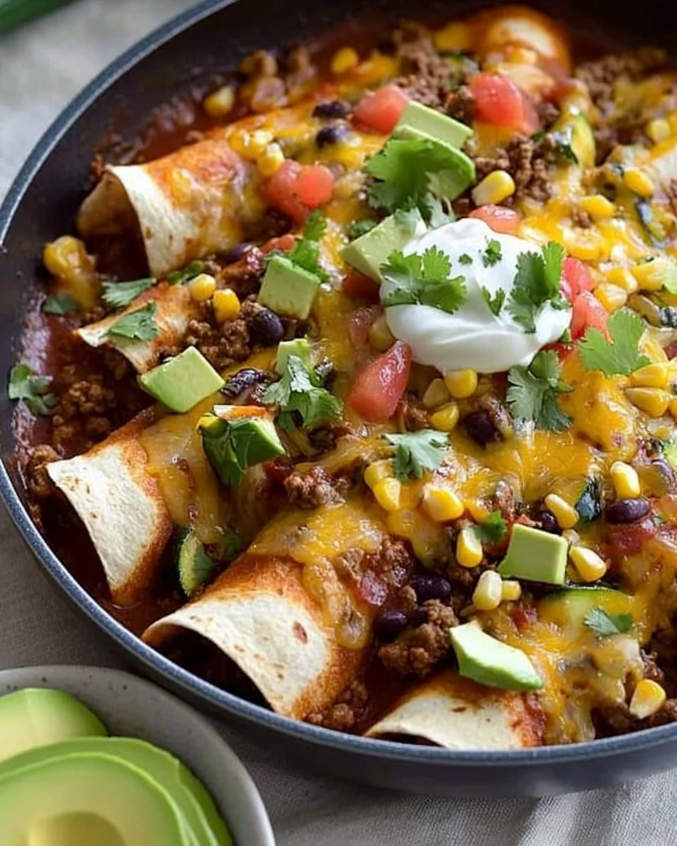 Delicious beef skillet enchiladas topped with cheese and salsa