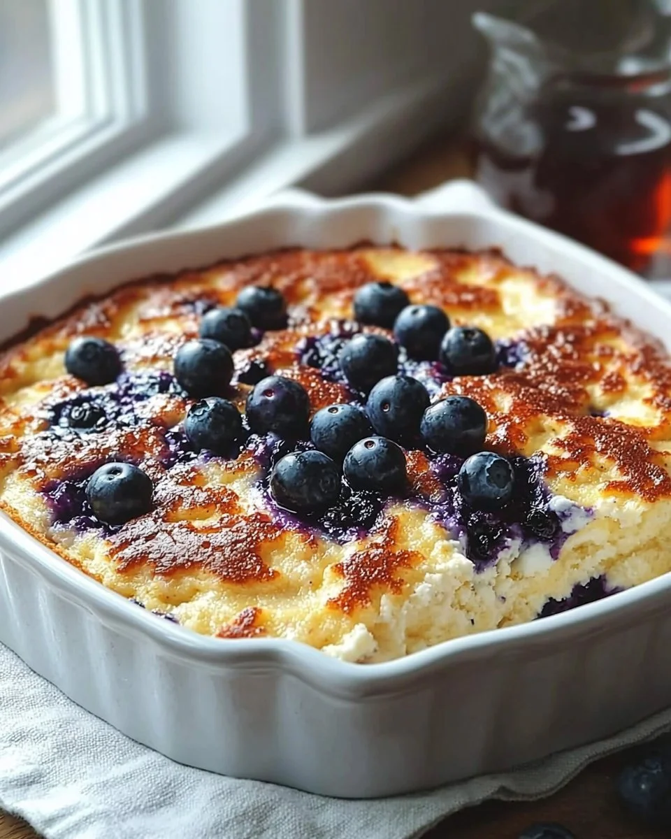 Blueberry Buttermilk Pancake Casserole freshly baked and served in a dish