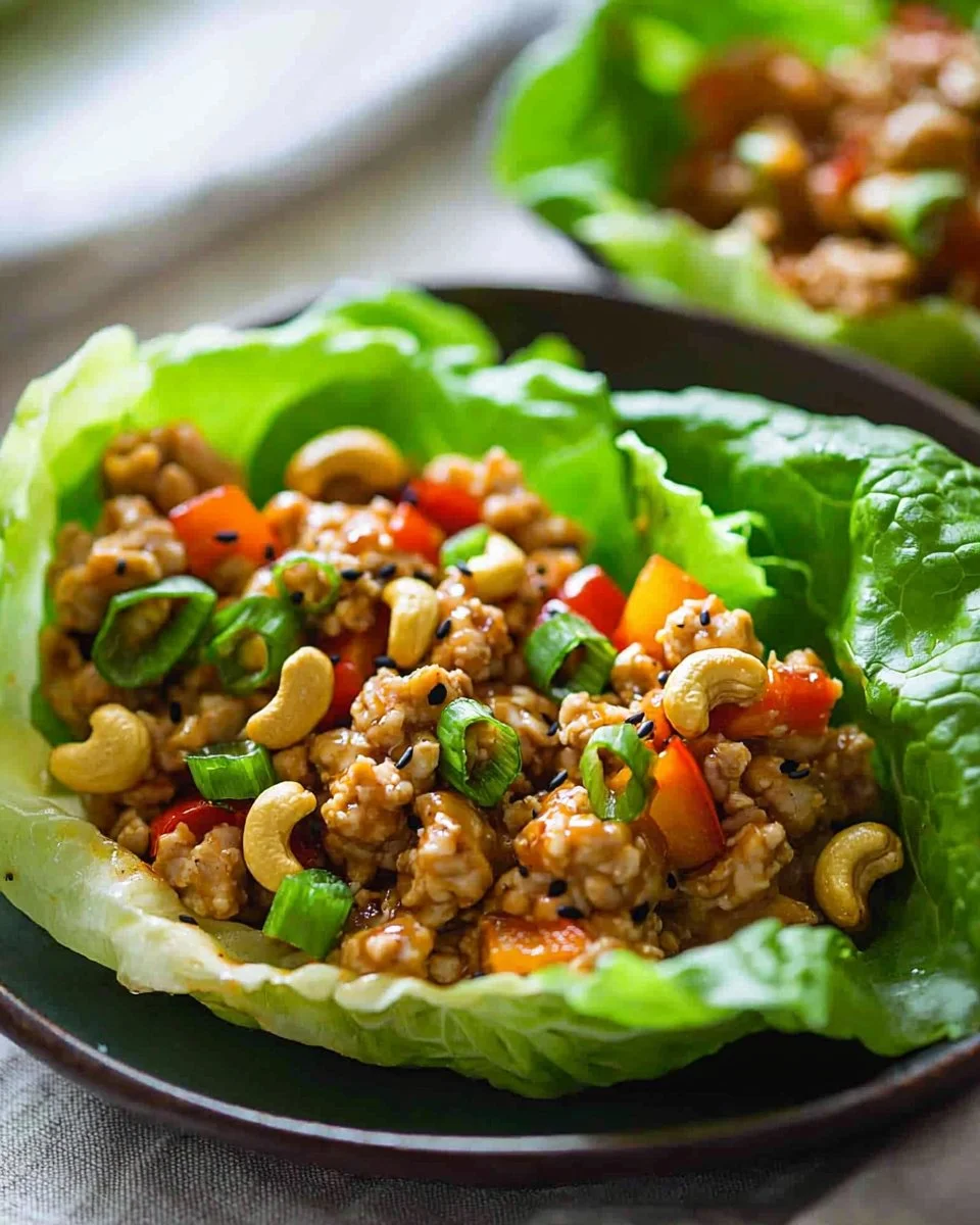 Healthy cashew chicken lettuce wraps served on a plate