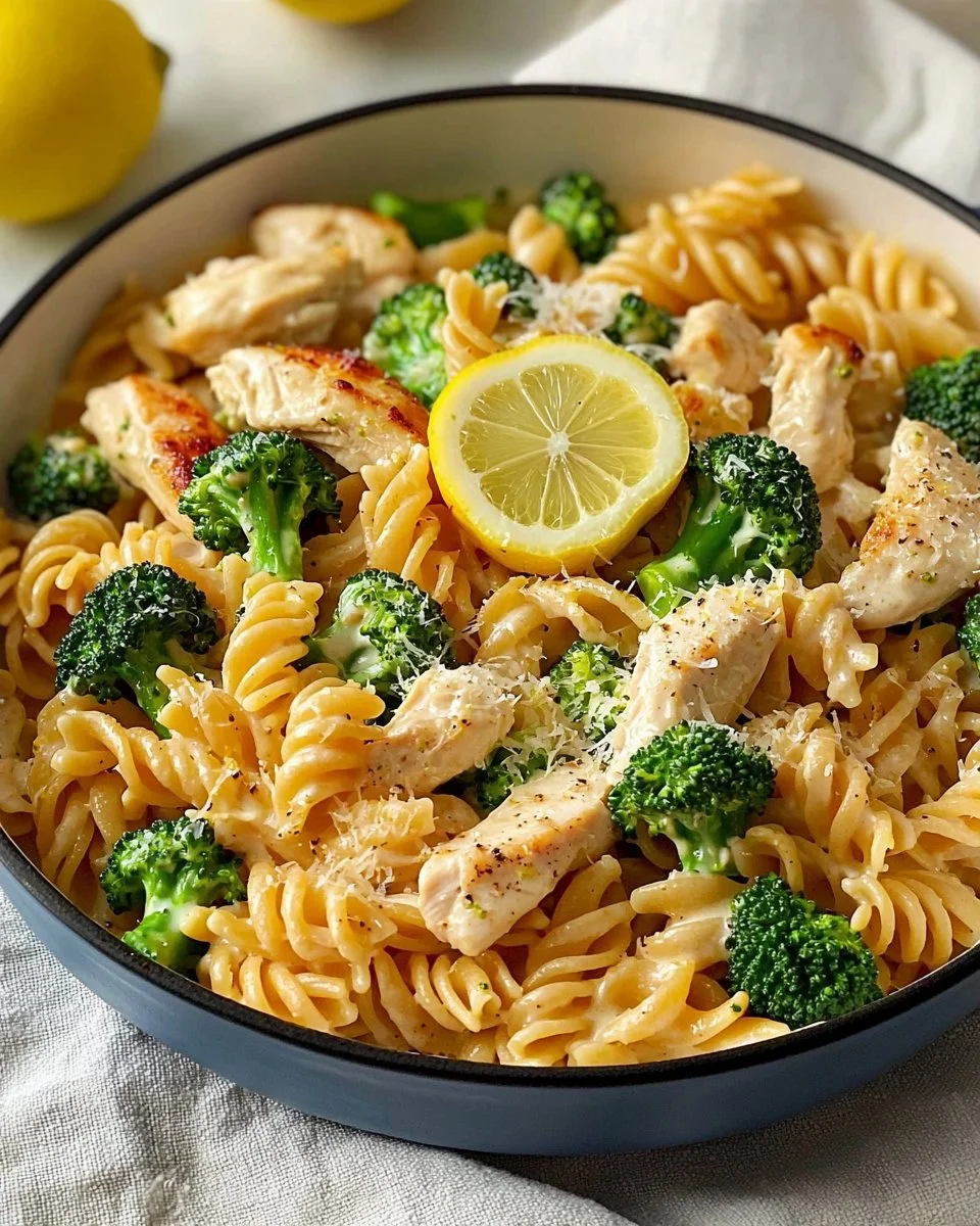 Creamy Chicken Broccoli Pasta with Lemon Cream Sauce served in a bowl