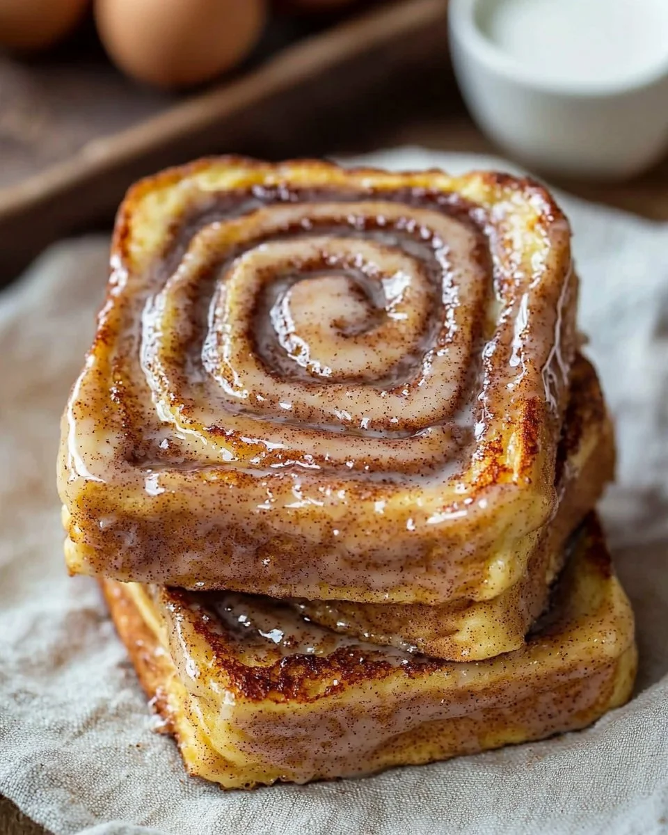 Delicious Cinnamon Roll French Toast drizzled with icing and topped with berries