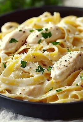 Creamy Classic Chicken Alfredo served with fettuccine pasta and garnished with parsley.