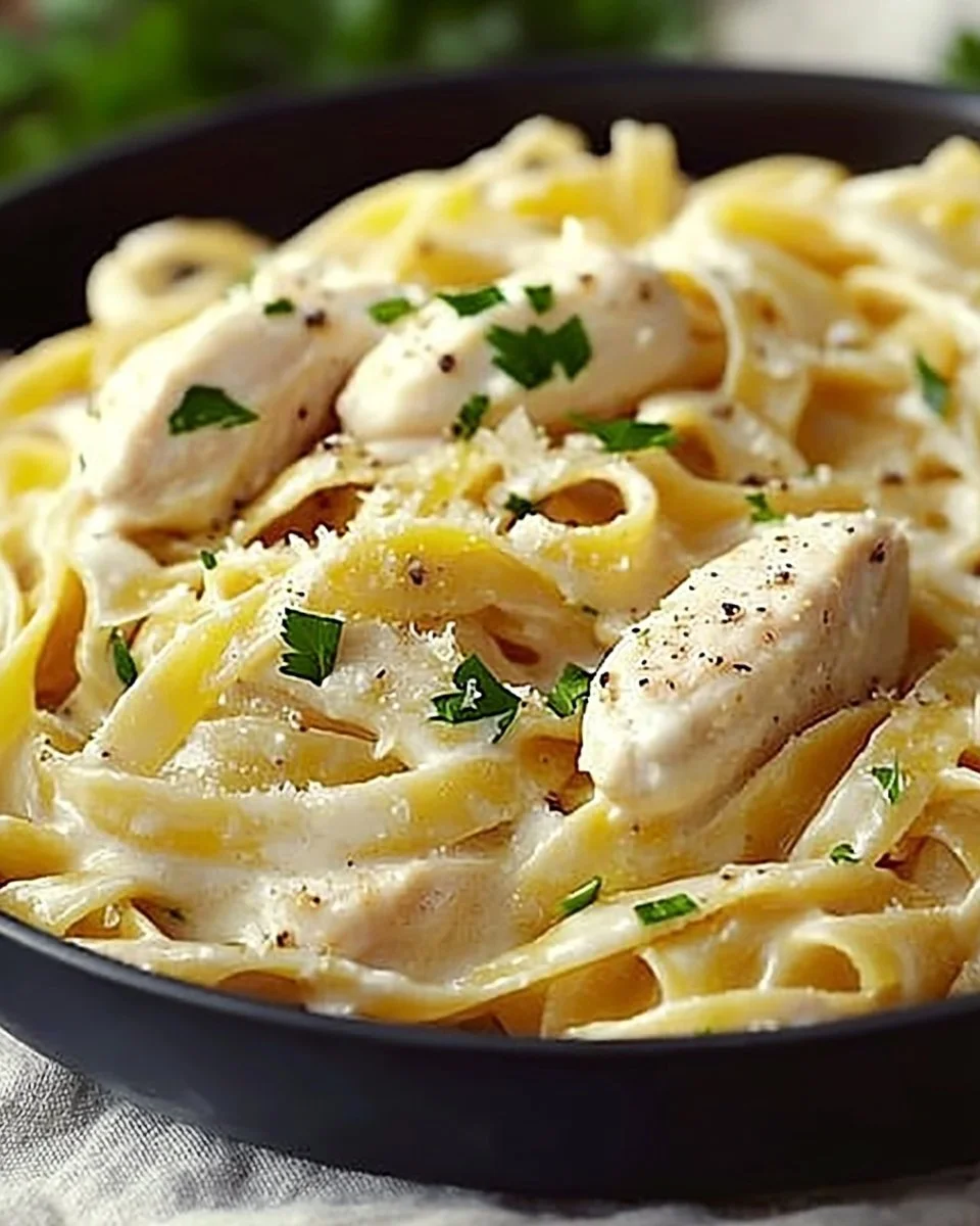 Creamy Classic Chicken Alfredo served with fettuccine pasta and garnished with parsley.