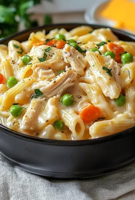 Delicious Chicken Pot Pie Pasta topped with creamy sauce and fresh vegetables
