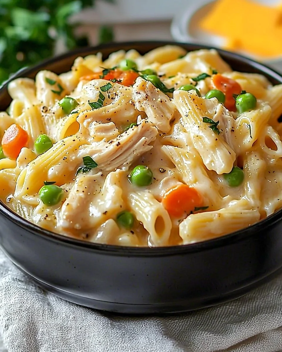 Delicious Chicken Pot Pie Pasta topped with creamy sauce and fresh vegetables