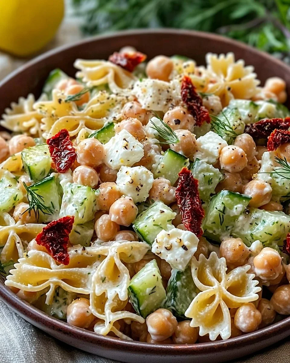 Colorful cold pasta salad with fresh vegetables and dressing
