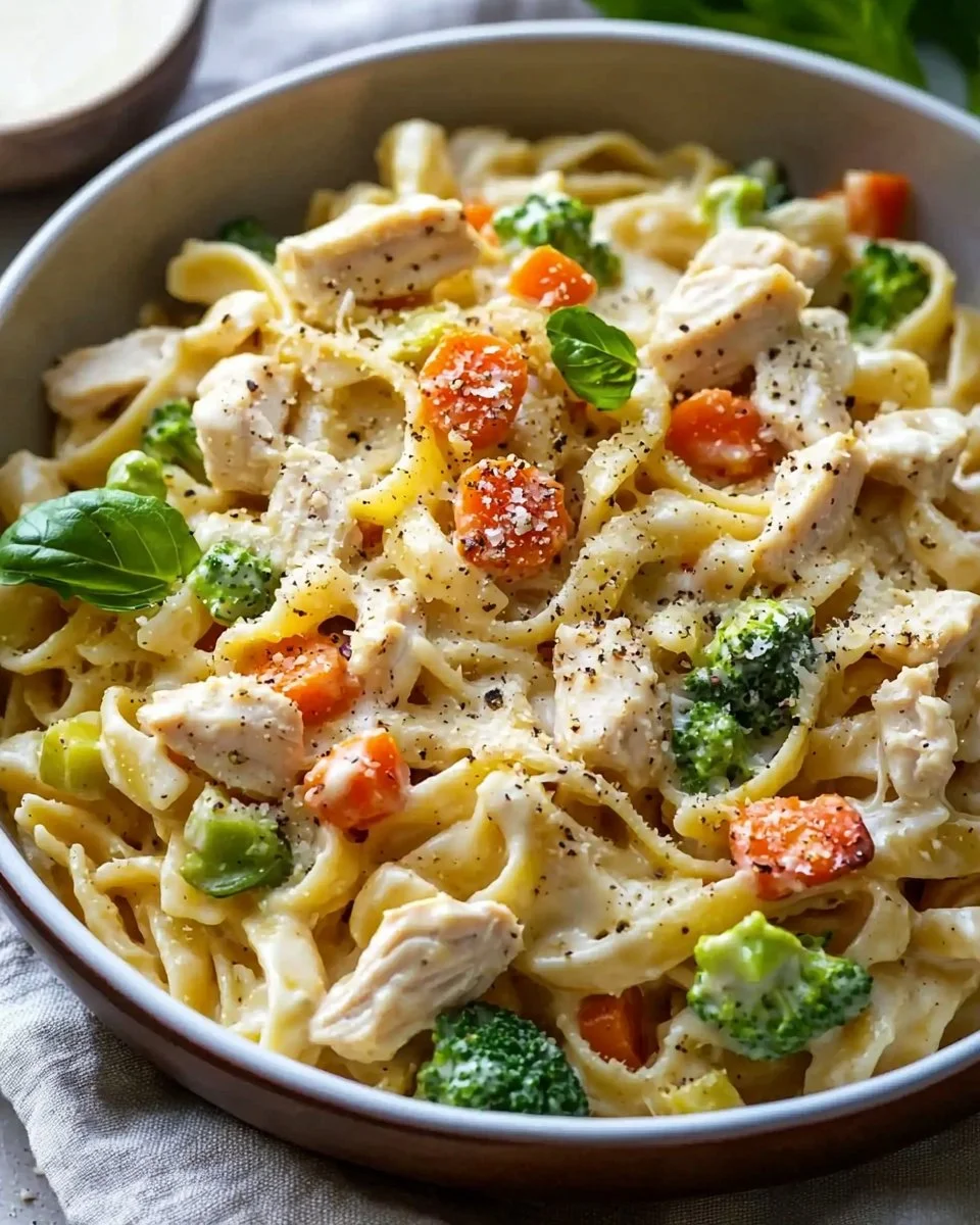 Creamy chicken pasta dish served in a bowl with herbs and cheese