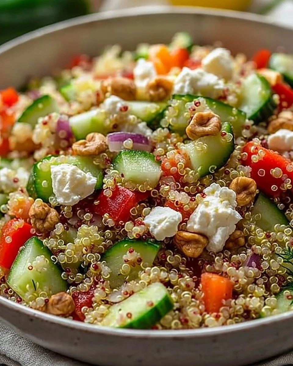 Delicious Cucumber Quinoa Feta Salad with fresh vegetables and feta cheese