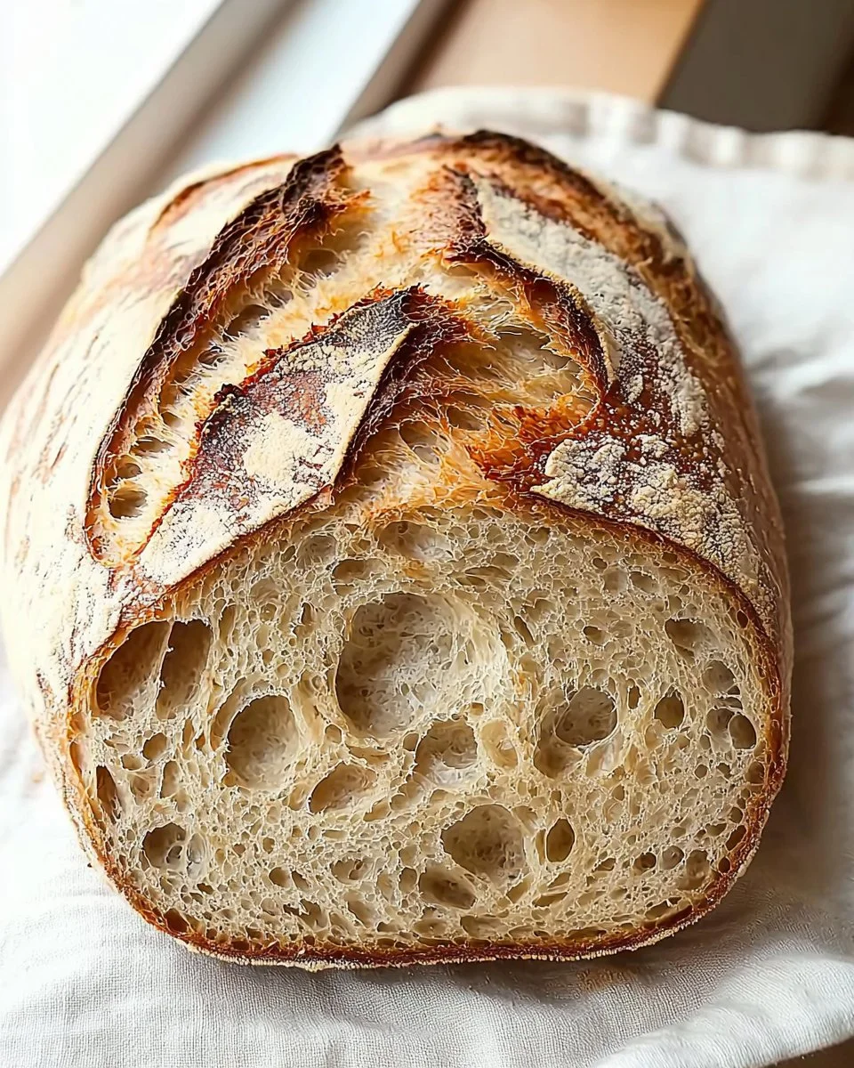 Loaf of baked delicious everyday sourdough bread on a wooden table