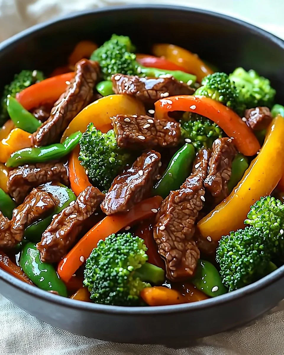 Colorful bowl of easy beef stir fry with vegetables and sauce