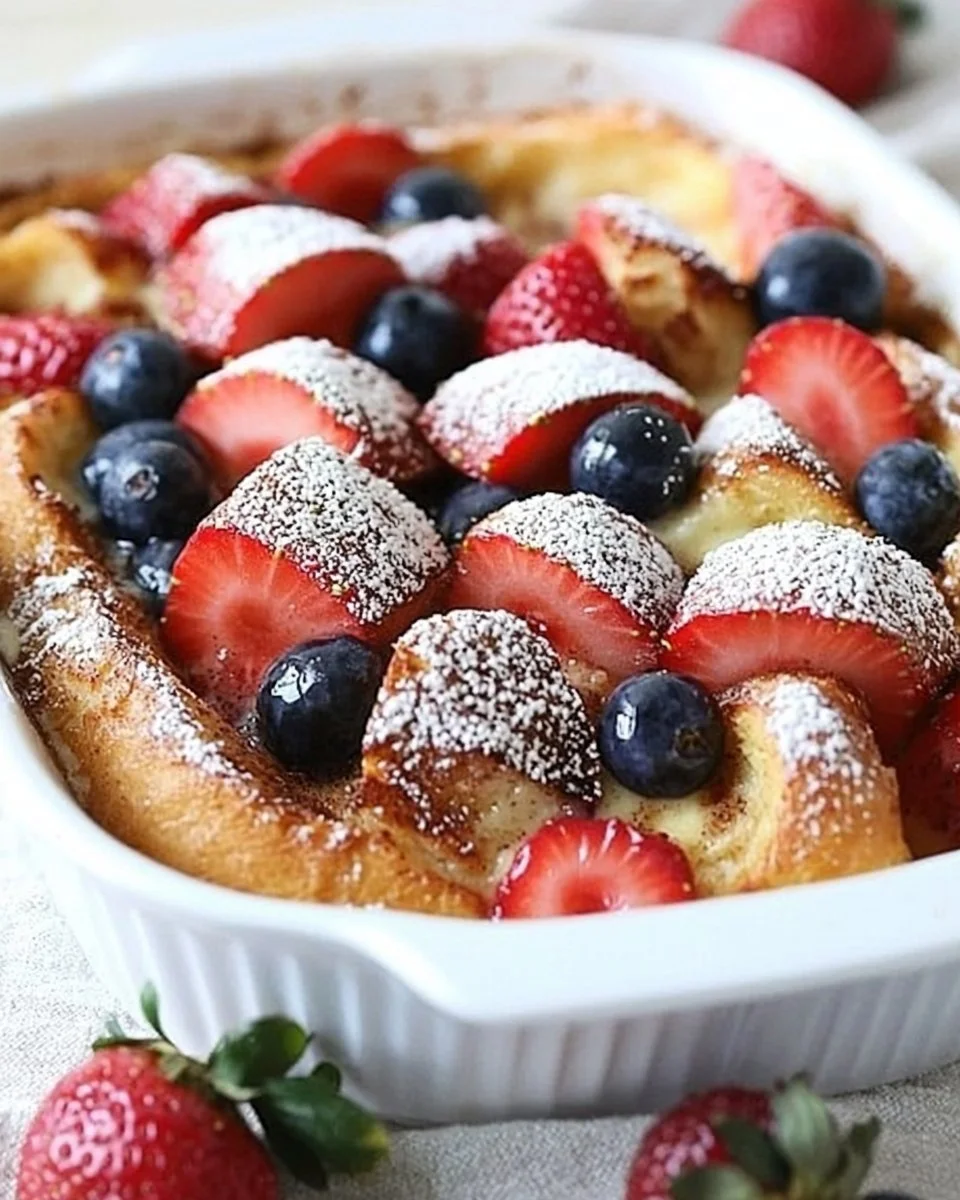 Delicious French Toast Casserole topped with syrup and berries