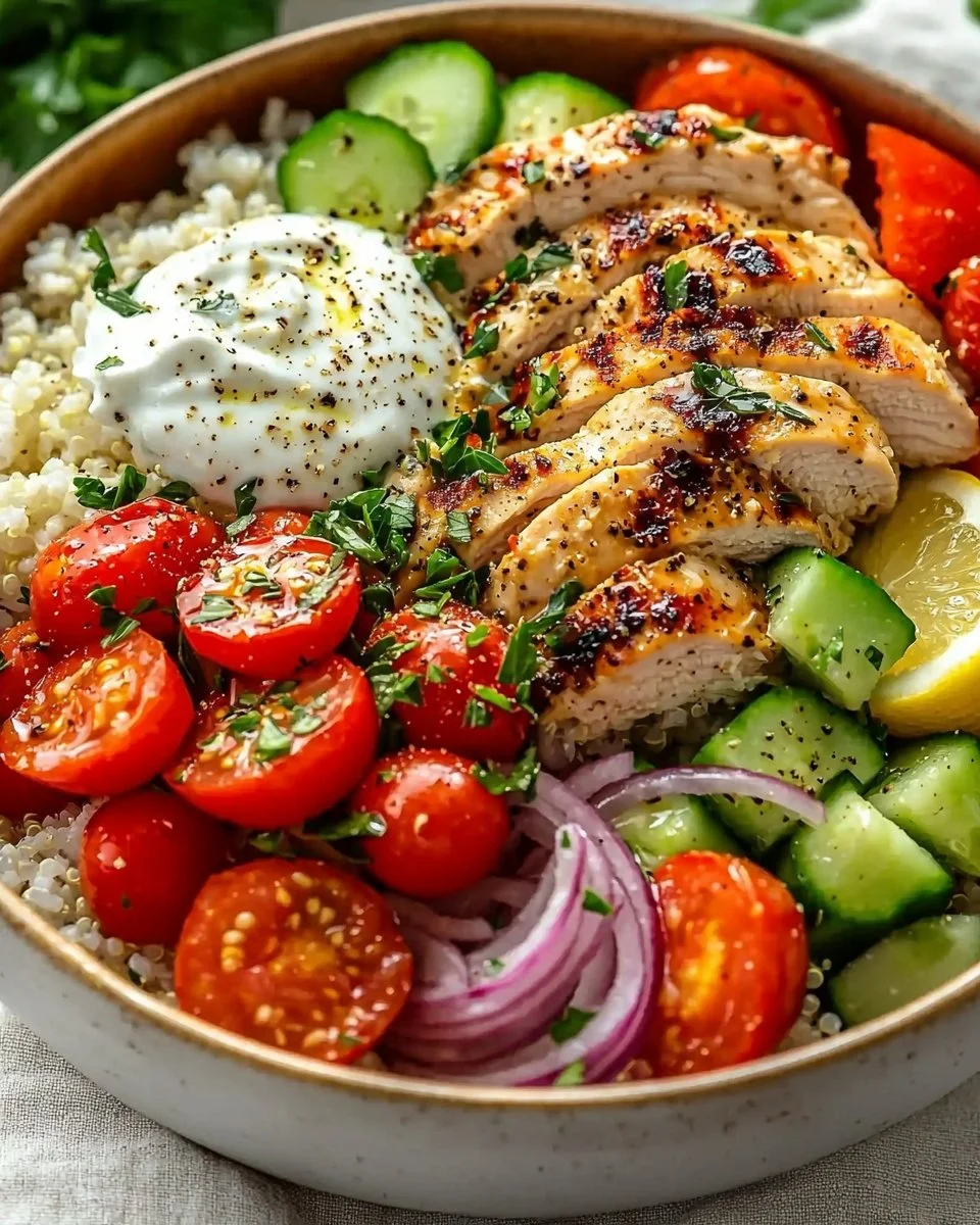 Delicious Greek Chicken Bowl with marinated chicken and fresh vegetables