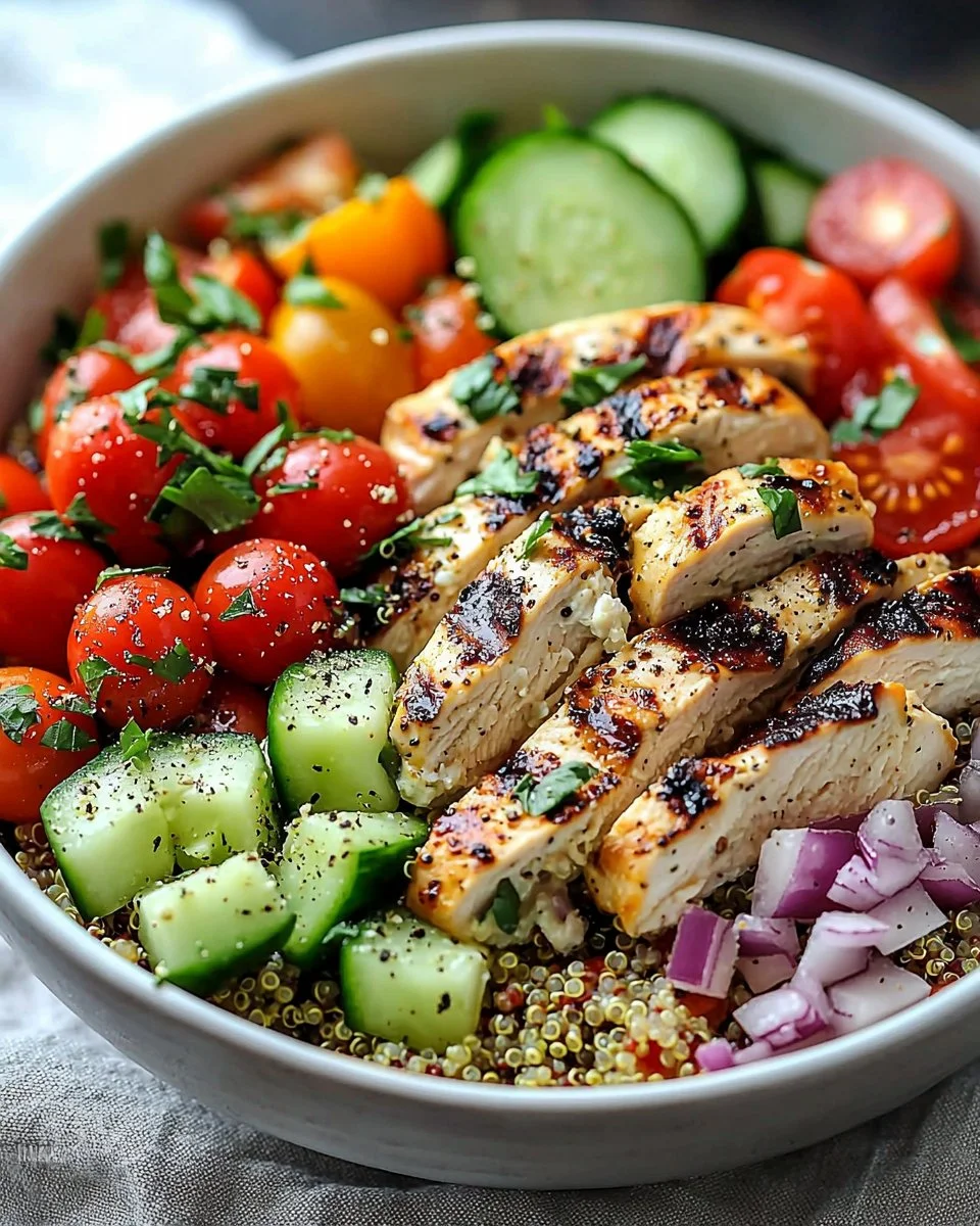 Delicious Greek Chicken Quinoa Bowl topped with fresh vegetables and herbs