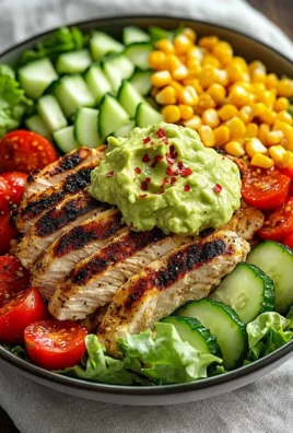 Delicious grilled chicken avocado salad in a meal prep bowl.