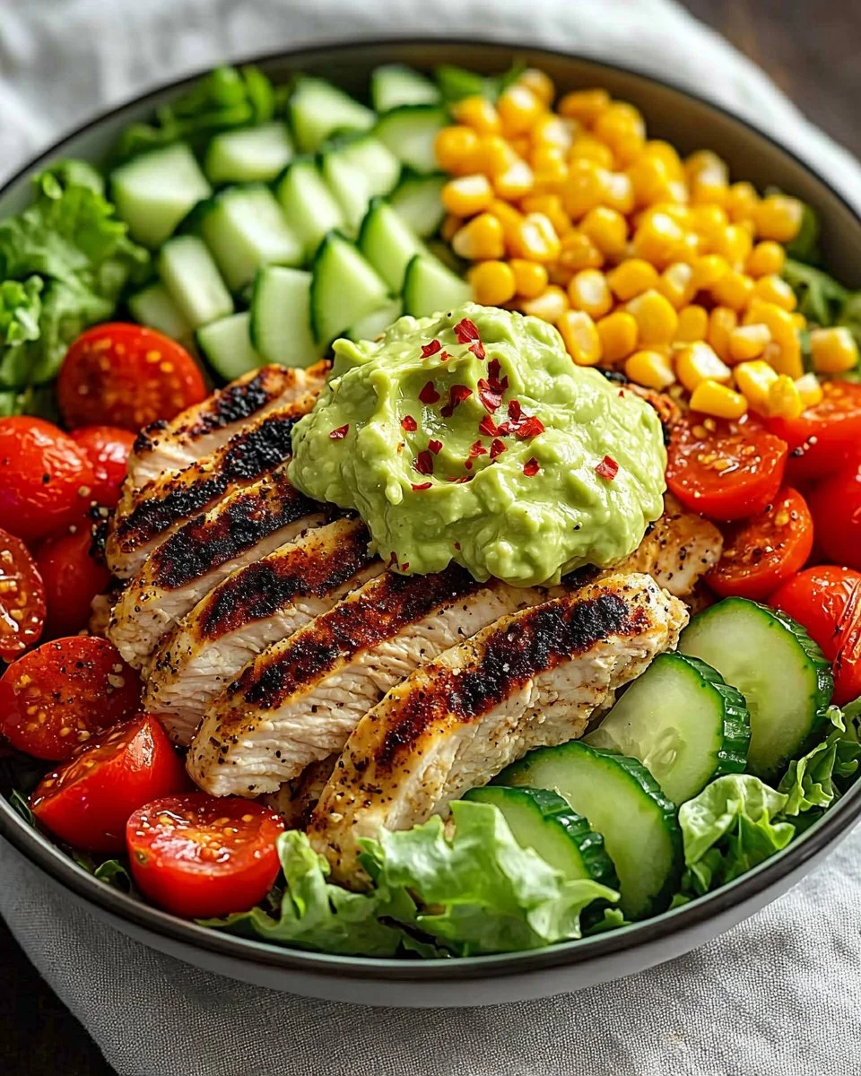 Delicious grilled chicken avocado salad in a meal prep bowl.