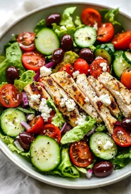 Healthy Greek salad with chicken, fresh vegetables, and feta cheese.
