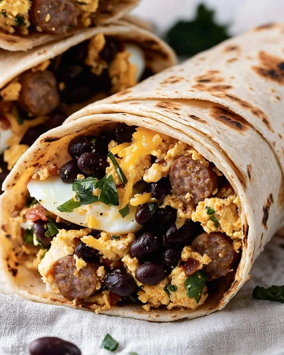 High-protein breakfast burrito with eggs, beans, and vegetables on a plate