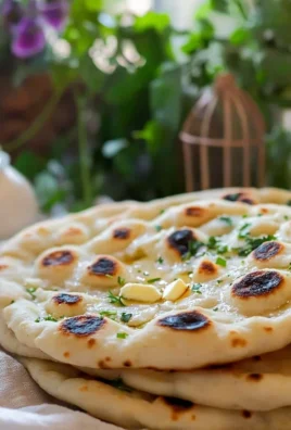 Freshly baked homemade garlic naan bread with herbs.