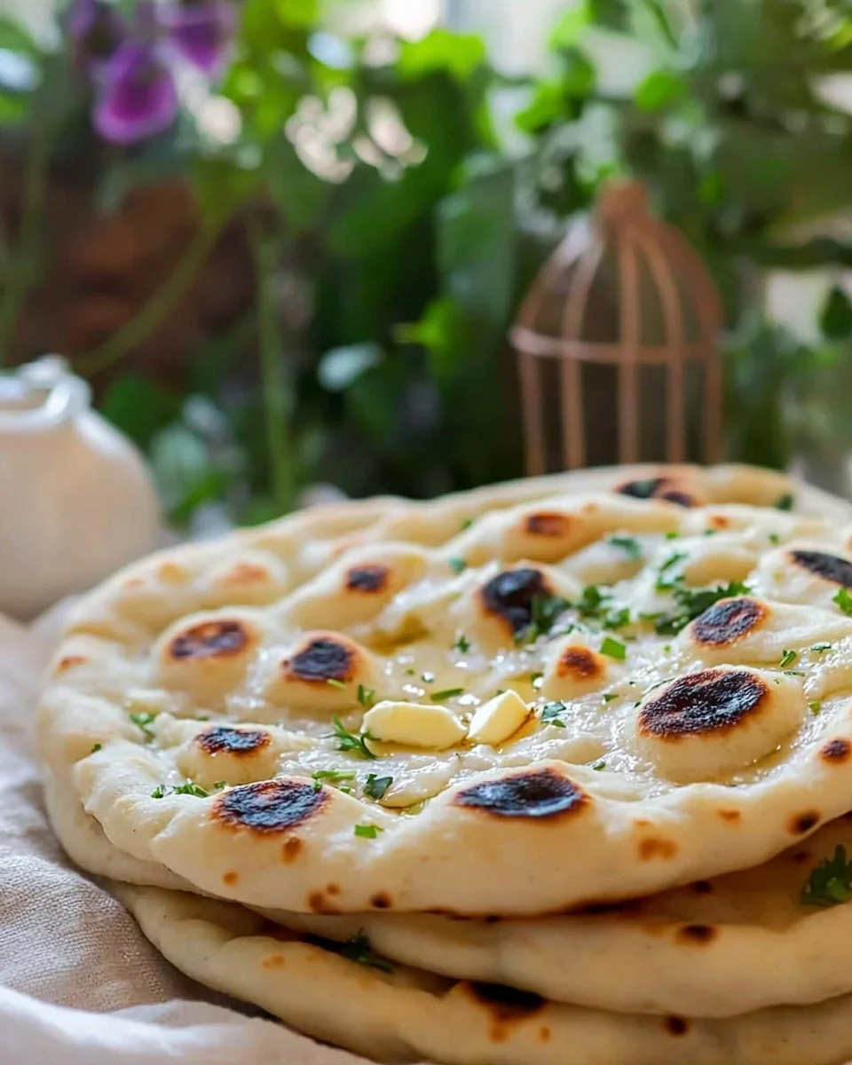 Freshly baked homemade garlic naan bread with herbs.