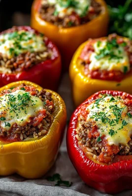 Colorful homemade stuffed peppers filled with rice, meat, and vegetables