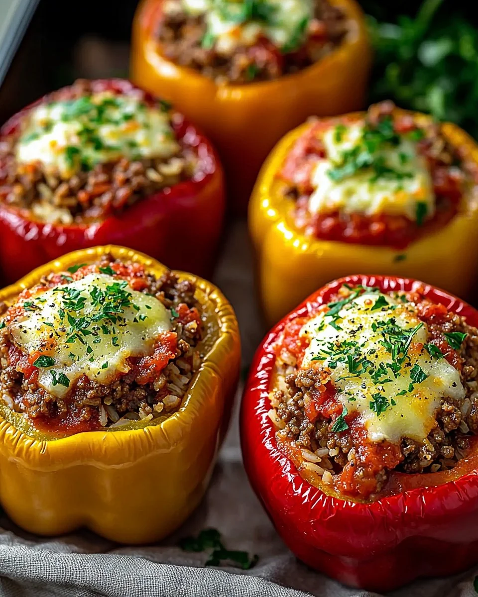Colorful homemade stuffed peppers filled with rice, meat, and vegetables