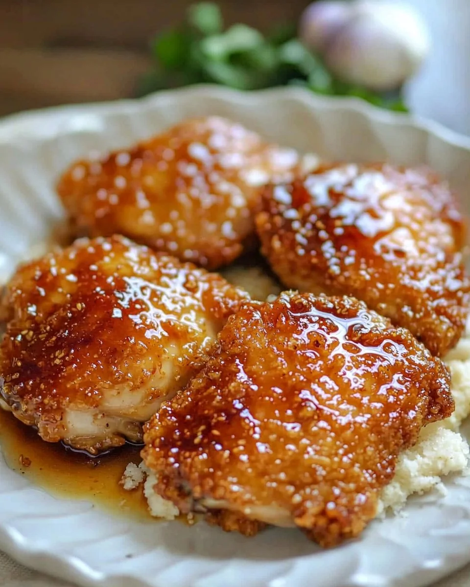 Honey garlic crispy chicken served with garnishes on a plate
