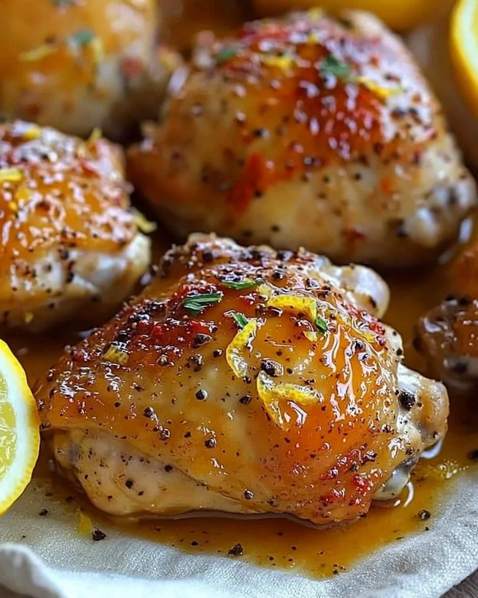 Honey Lemon Pepper Chicken Thighs garnished with herbs and lemon slices