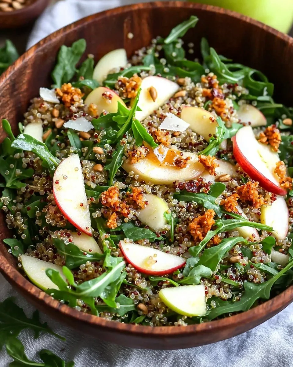 Honey mustard quinoa apple salad with crispy shallots in a bowl