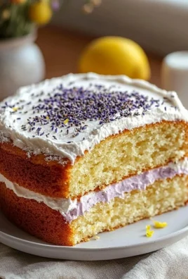 Slice of lemon lavender cake with a zesty lemon glaze and lavender sprigs on top
