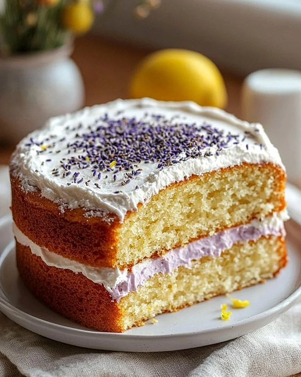 Slice of lemon lavender cake with a zesty lemon glaze and lavender sprigs on top
