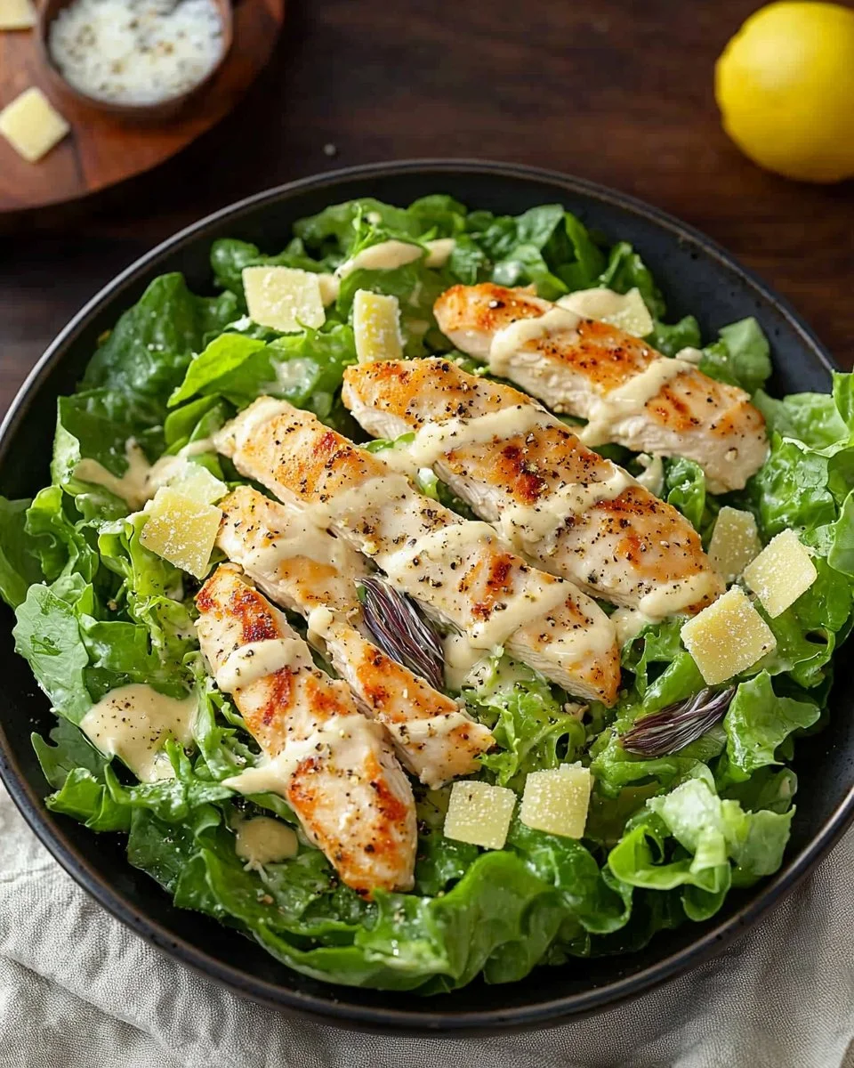 Low carb Caesar salad with chicken on a plate, garnished with Parmesan cheese.