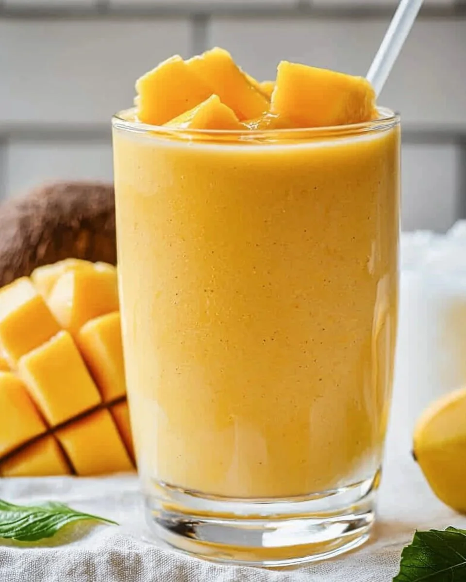 Creamy Mango Coconut Milk Smoothie in a glass with tropical fruits