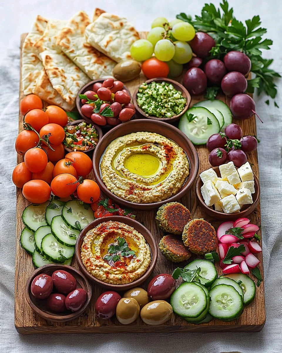 Colorful Mediterranean breakfast board with fresh fruits, cheeses, and breads