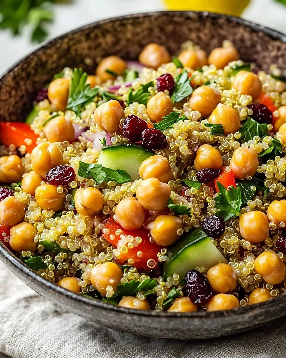 Moroccan-Inspired Chickpea Quinoa Salad with fresh vegetables and spices