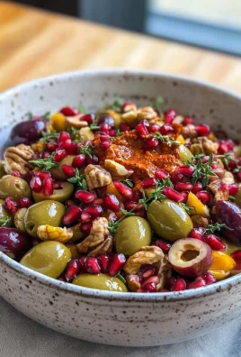 Olive salad with pomegranate seeds and walnuts in a bowl