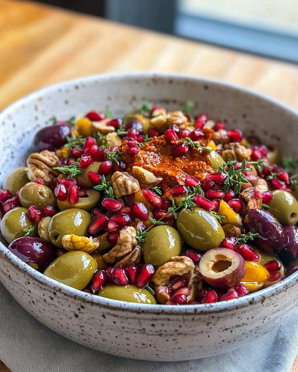 Olive salad with pomegranate seeds and walnuts in a bowl