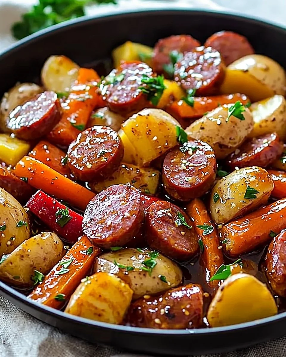 One-Pan Honey Garlic Kielbasa with colorful veggies in a skillet