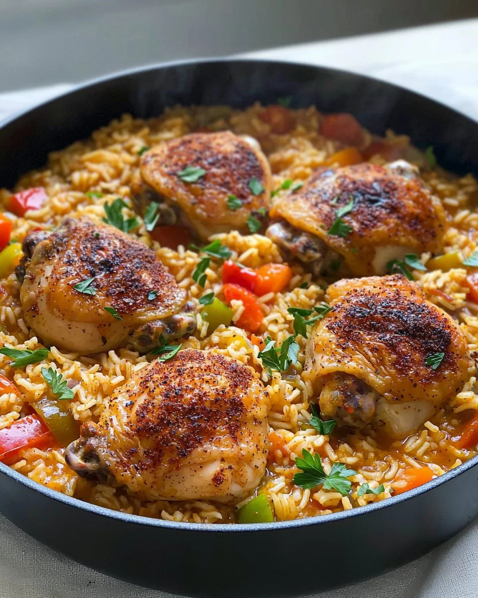 One Pot Cajun Chicken and Rice served in a skillet with vibrant spices and vegetables.